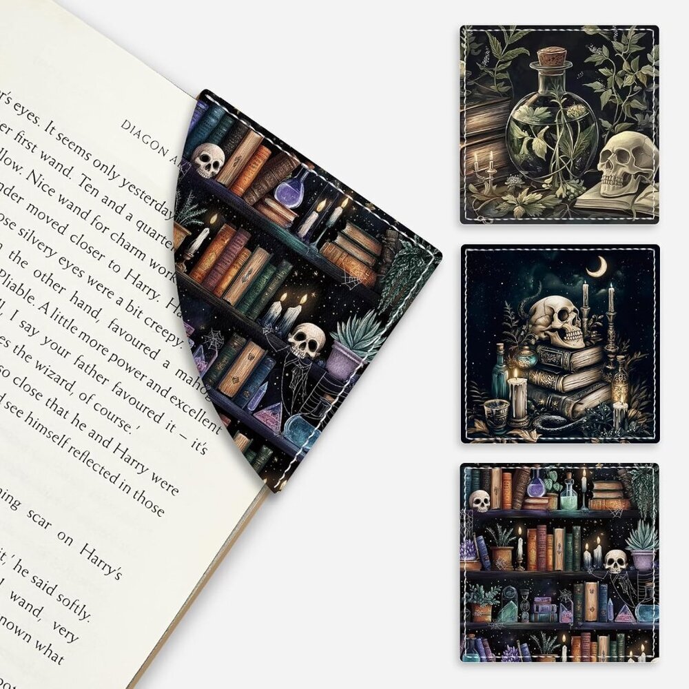 Gothic Skull Corner Bookmarks, Funny Bookshelf Leather Book Accessories for Book